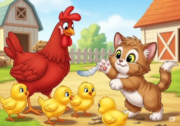 Курка з курчатами і кошеня - ілюстрація до казки "Заводій" Анатолія Валевського